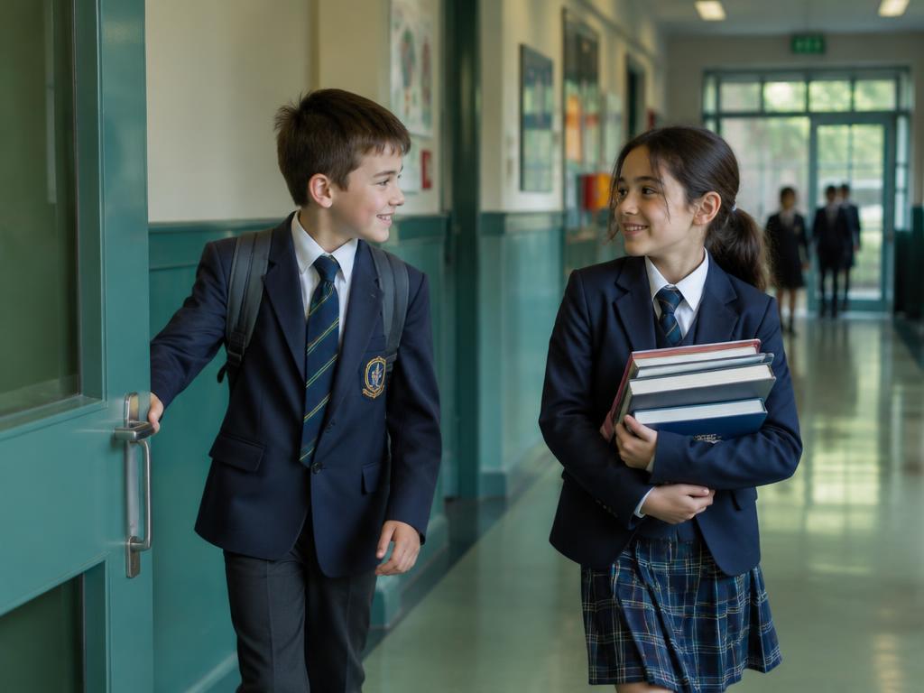 A student holds the door for a classmate carrying a stack of books