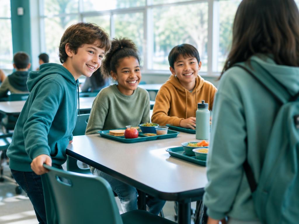 Students welcome a new classmate to their lunch table