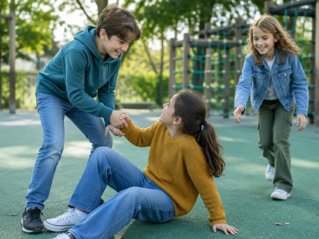 A student helps a friend up on the playground