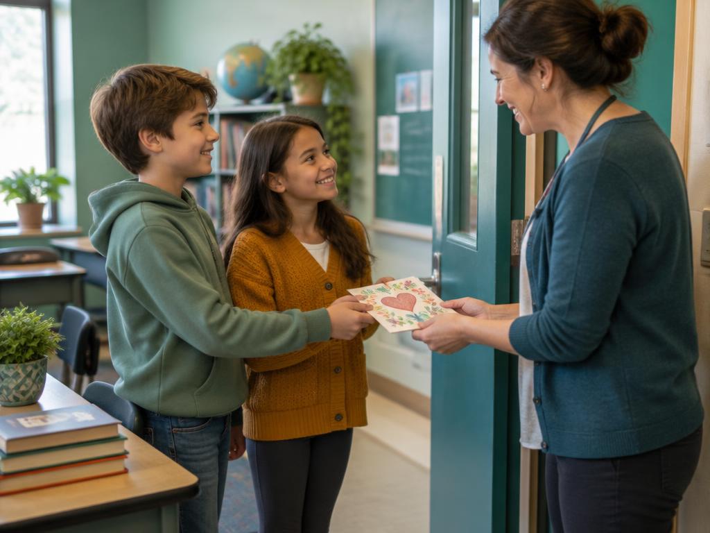 Students hand a thank-you card to their teacher