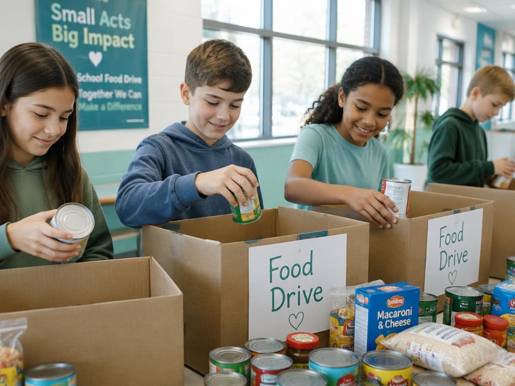 Students sort donations for a school food drive
