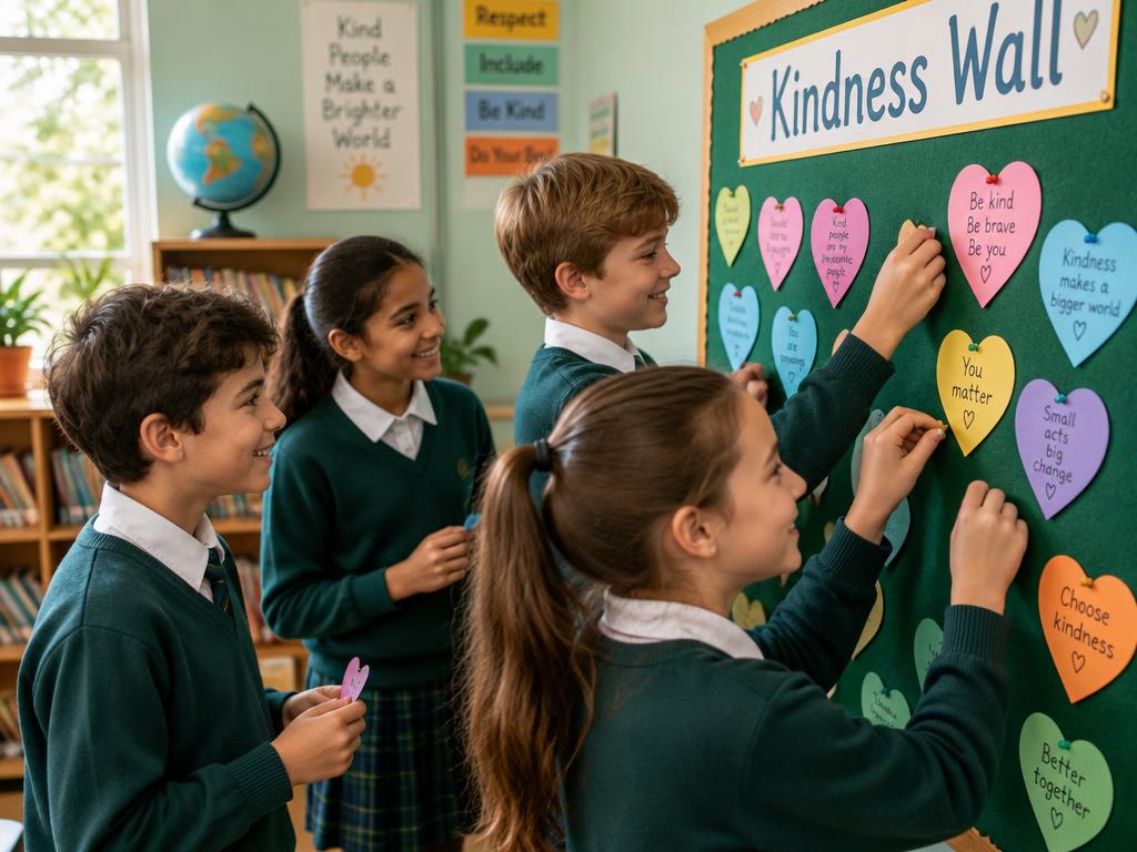 Students add paper hearts to a classroom kindness wall