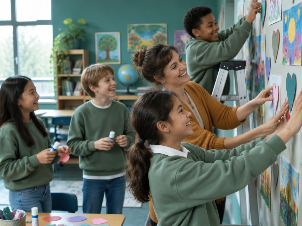 Students help their teacher decorate a classroom wall