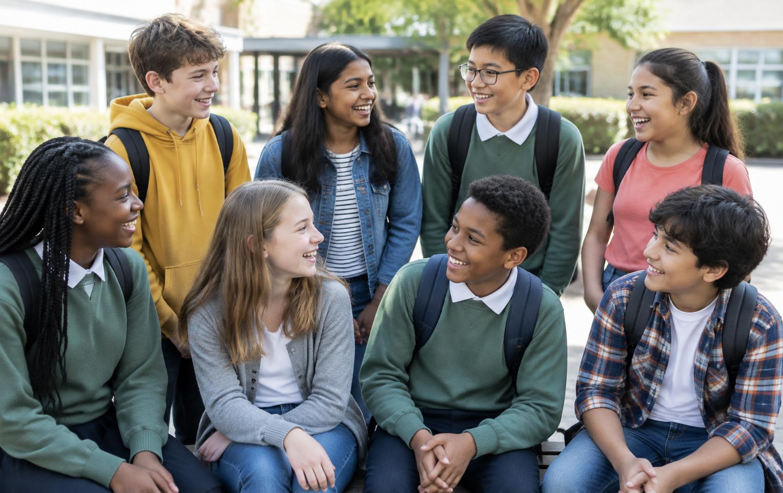 Students in uniforms and everyday clothes smiling together in a school courtyard