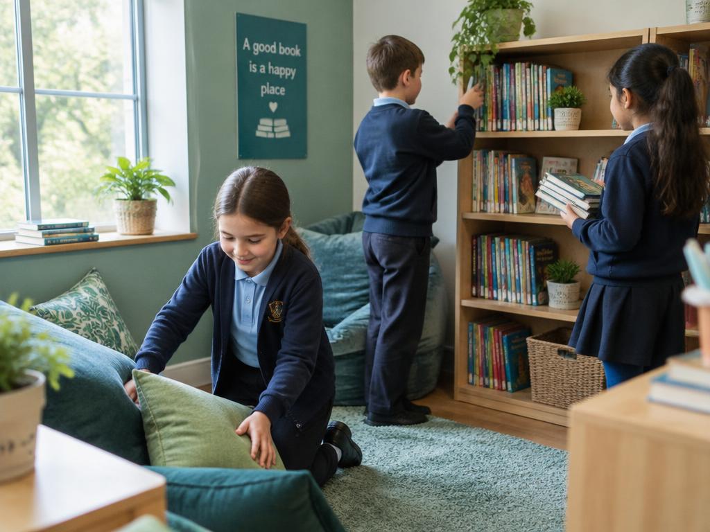 Students tidy a classroom reading corner together