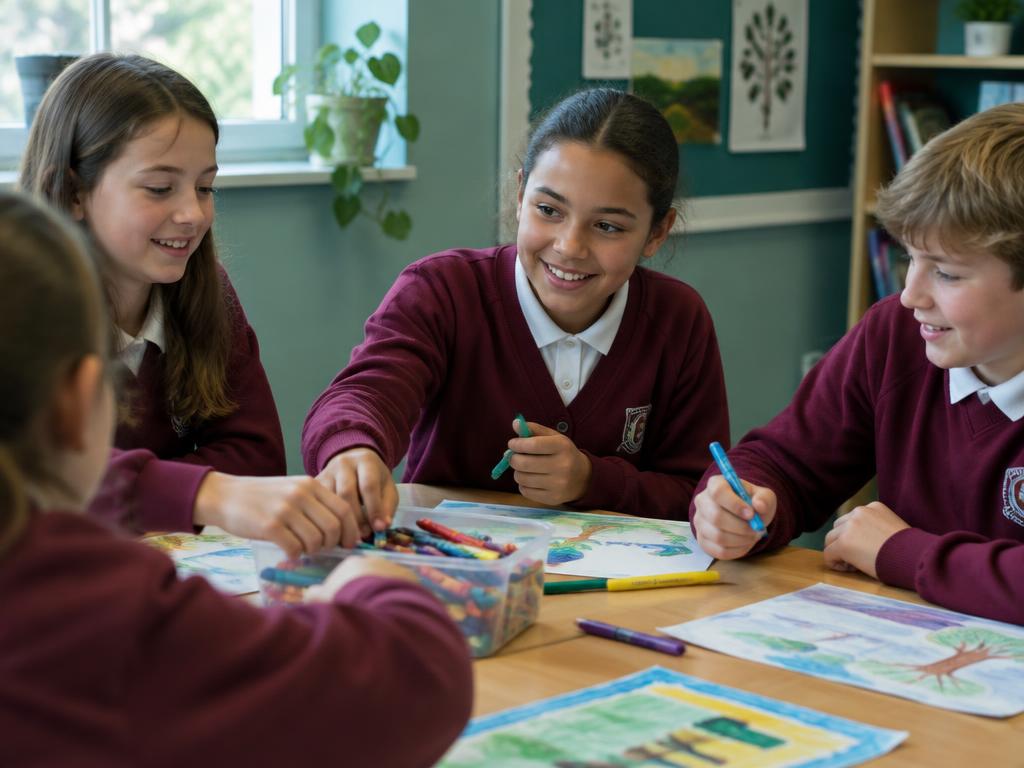 Students share crayons at a classroom art table